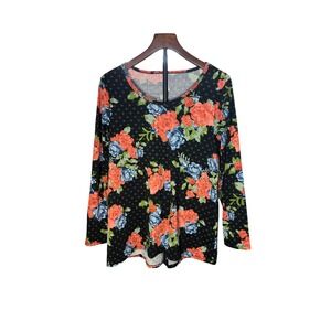 LuLaRoe XL Womens Long Sleeve Floral Polka Dot Scoop Neck Top Black Orange Blue